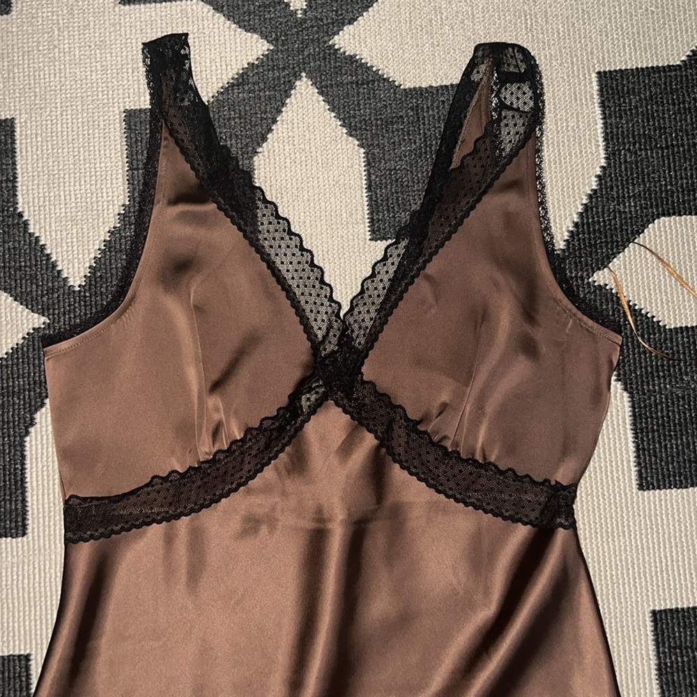 House of Harlow 1960 Brown Satin Black Lace Slip Dress - Picture 4 of 8